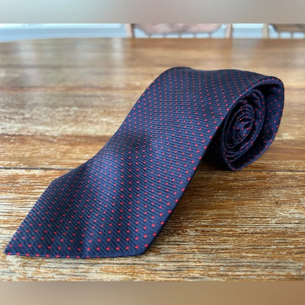 Lands’End 100% Silk Navy Blue Red Polka Dot Tie Handmade In USA